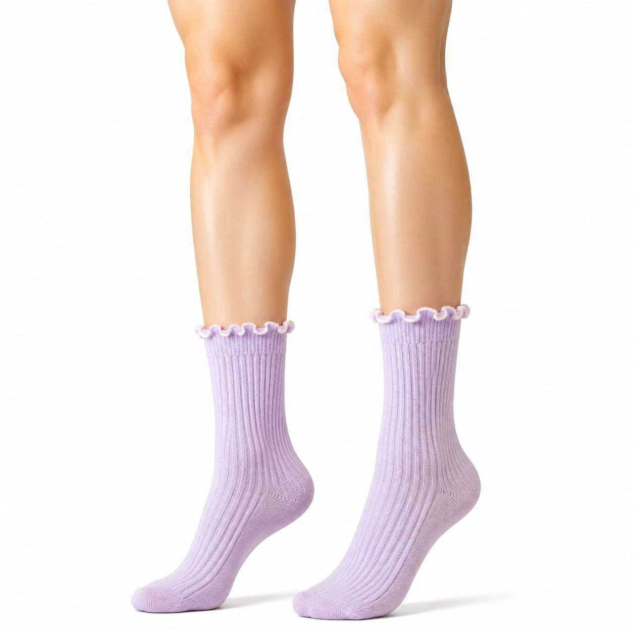 Socken Größe 35-38 in Flieder mit Rippstrick und Rüschenbund