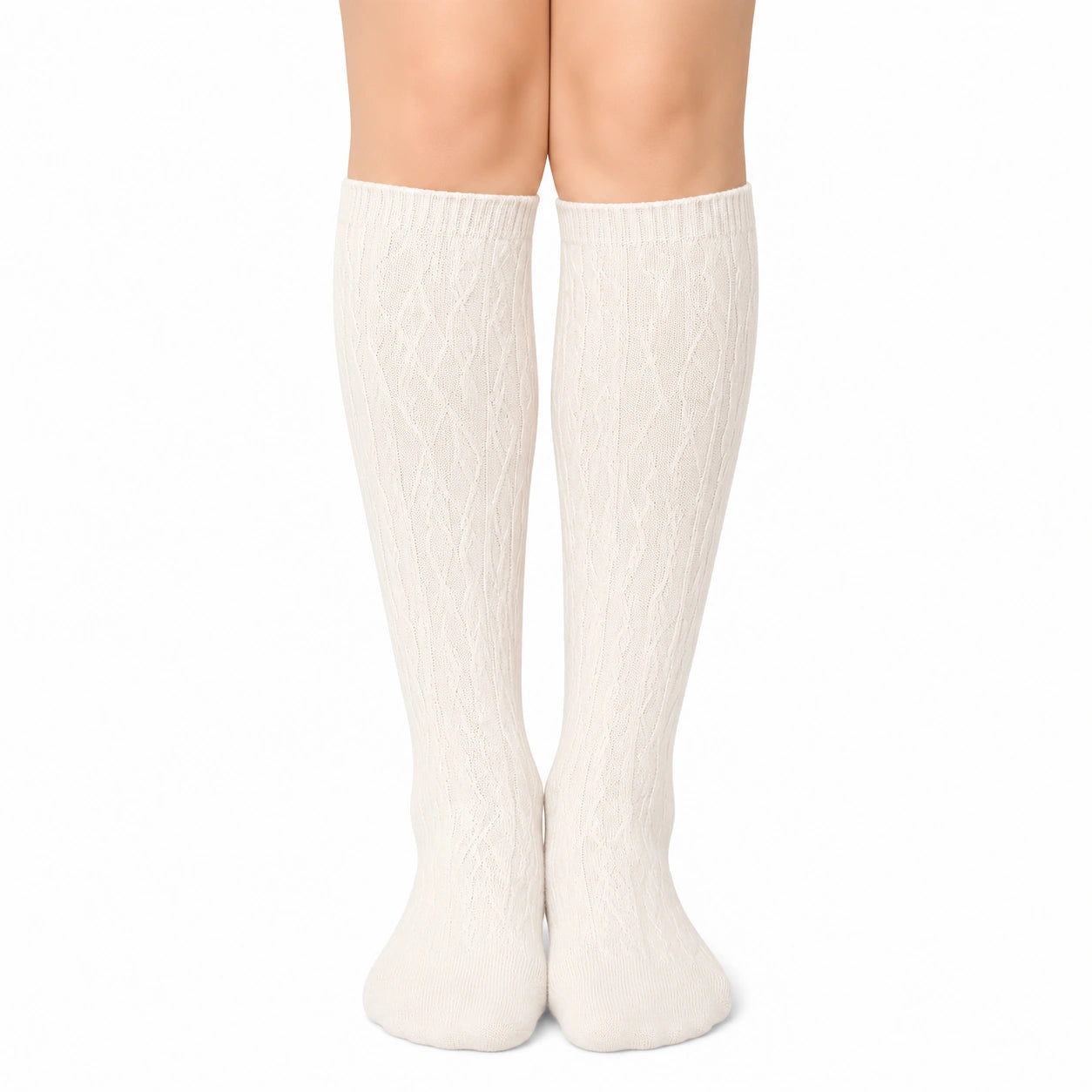 Kniestrümpfe 35-38 aus Textilstrick in Creme mit Zopfmuster